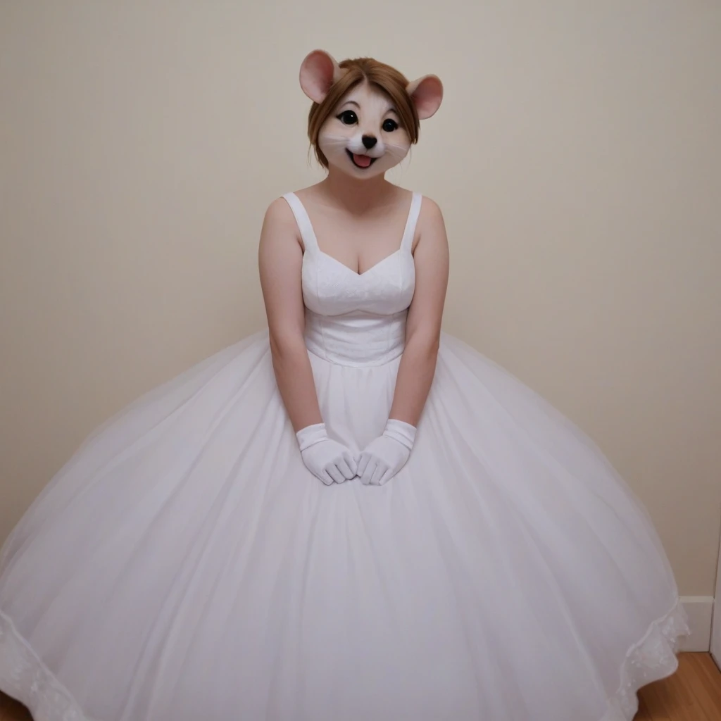 Photo closeup of an anthro female hamster, medium breast wearing a dress, natural light