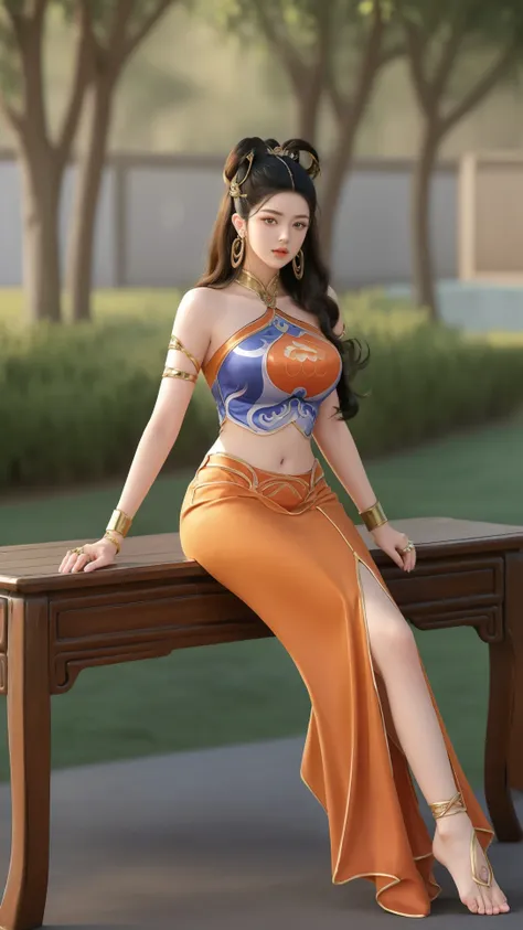 (1girl),smooth chin,masterpiece,detailed face,((hair ornament:1.2)),top quality,4k,make up,best quality,large breasts,(looking at viewer),ribbon,arms behind back,shawl,detached sleeves,forehead mark,legs,on street,full body,sitting on table,<lora:s ghss G...