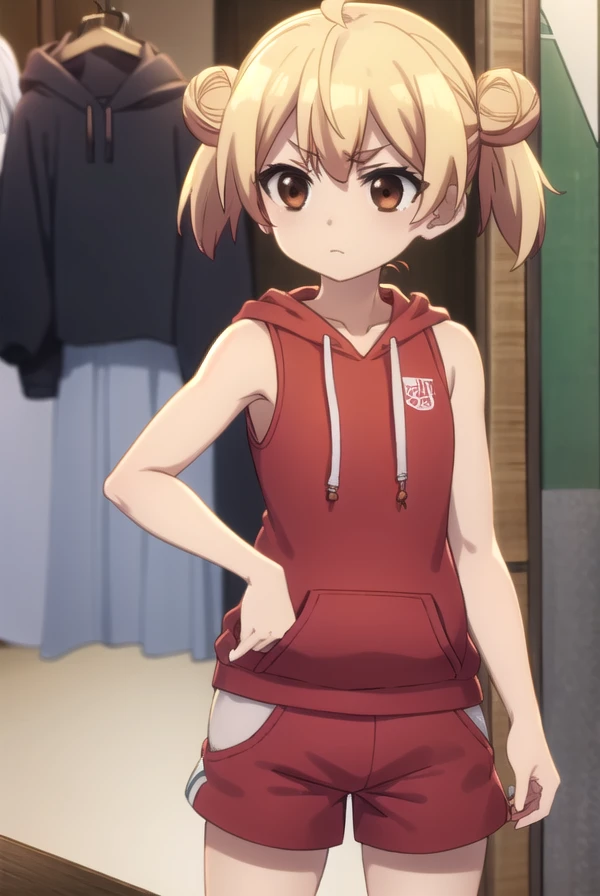 tatsukogakumazawa, <lora:tatsuko gakumazawa s2-lora-nochekaiser:1>,
tatsuko gakumazawa, bangs, blonde hair, hair between eyes, (brown eyes:1.5), ahoge, hair bun, double bun, thick eyebrows, child, female child,
BREAK bare shoulders, shorts, sleeveless, hoo...