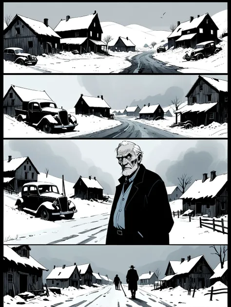 a page from a comic book, portrait of a old man waliking in the street , minimalist sketching, (murder in snow, a old man  visiting old ghost town , strong face:1.4), detailed action, farming life in France, eerie, low key, comic panel layout, multiple poi...