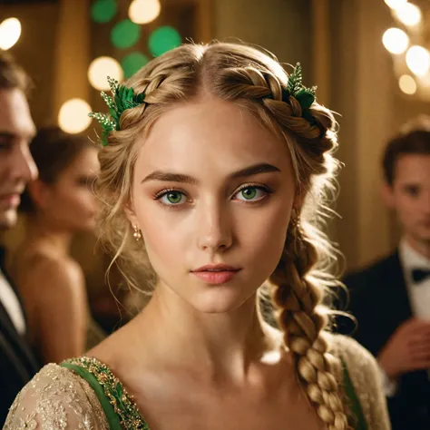 cinematic photo parameters Surreal Harmony, stunningly beautiful18-year-old girl green eyes, downturned ears, vintage-inspired makeup , dirty blonde crown braid hair, worry, side profile pose, turning to the side with a seductive glance, emphasizing facial...