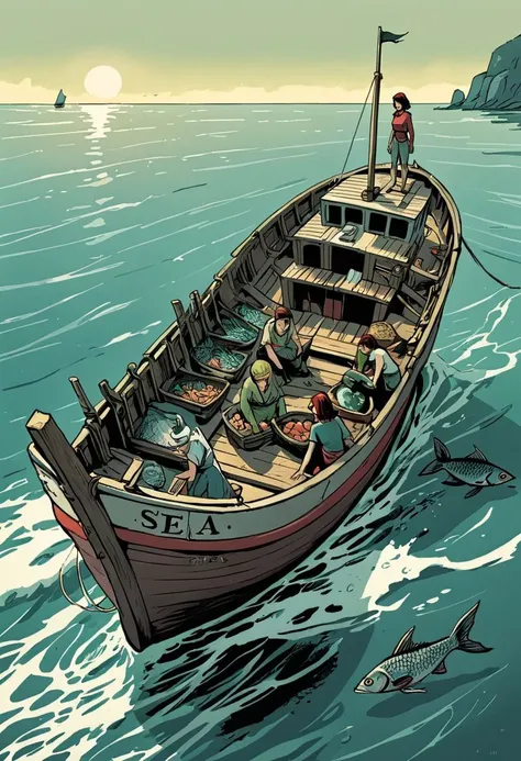 Sea, the fishboat, a woman, graphic novels