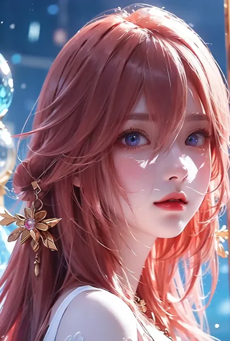 (masterpiece),(best quality),(super fine illustration),(beautiful and detailed eyes),{very detailed light},{painting},{{very fine 8K CG wallpaper}},anime,1girl,solo,beautiful detailed ice,beautiful detailed water,ice palace,galaxy,gem,jewelry,necklace,<lor...