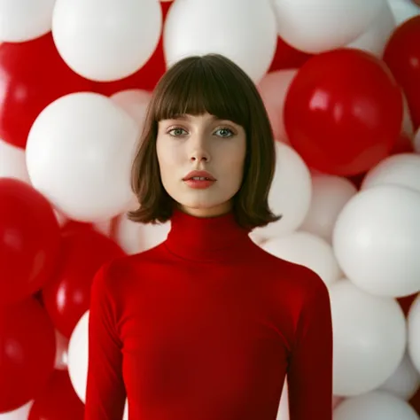 fashion portrait photo of beautiful young woman from the 60s wearing a red turtleneck standing in the middle of a ton of white balloons, taken on a hasselblad medium format camera