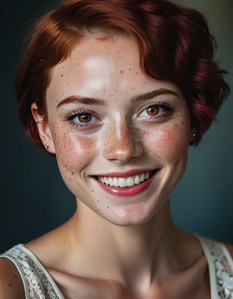 beautiful lady, (freckles), big smile, ruby eyes, short hair, dark makeup, hyperdetailed photography, soft light, head and shoulders portrait, cover