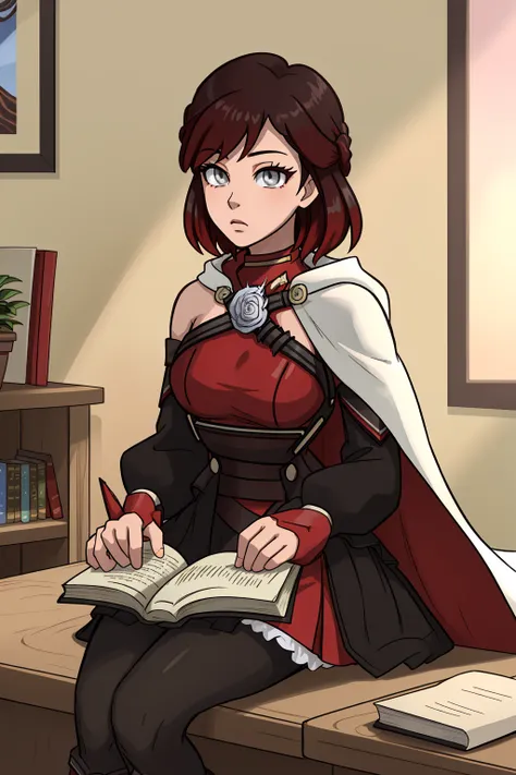 <lora:RWBYSummer-06:1> srwby, short hair, black hair, red hair,, white cape,gradient hair, grey eyes, indoors, sitting, reading book