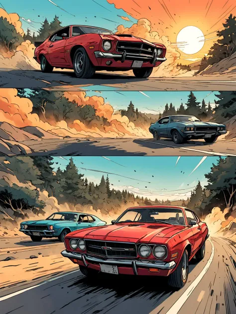 candid view, car chase, epic, action, cinematic, motion trails, colored inked, comics, graphic novel illustration, flat colors, highly detailed, large gradient, paper texture, go pro, color graded illustration, comics page