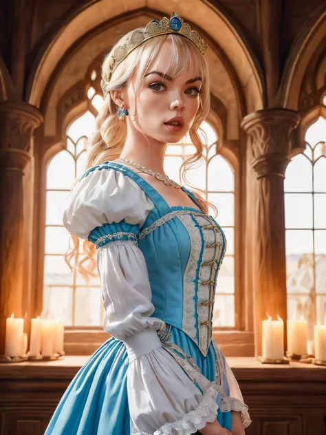 photo of beautiful (block_lillybell:0.99), a woman as a medieval princess, hair in updo, (upper body portrait), (wearing traditional long sleeved medieval dress:1.1), 85mm, (analog, cinematic, film grain:1.3), (medieval cozy village:1.1), ((detailed eyes))...