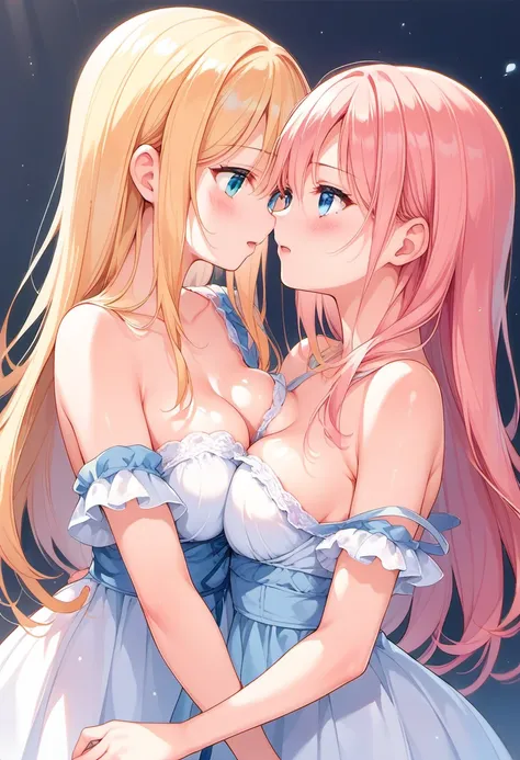 score_9, score_8_up, score_7_up, source_anime, 2girls, yuri, blush, looking at another, breast press