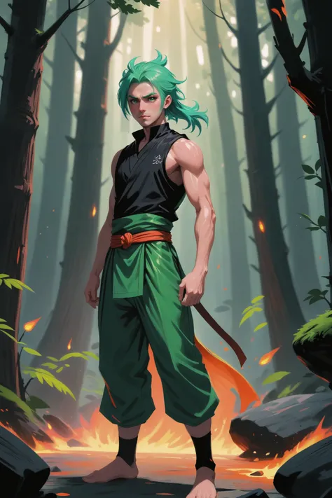 (full body:1.2), 1boy, man, ruggedly handsome, solo, [:formal costume design,:0.2] ninja, bright lightgreen skirt, japanese, glowing forestgreen hair, (average:1) build, Lunar Lava Tubes