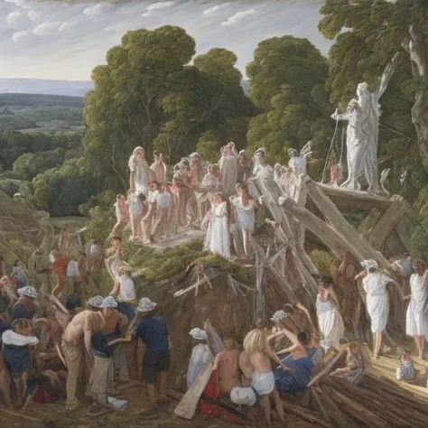 a large group of people erecting a statue in the English countryside in the style of (CCAChristensen:0.5)