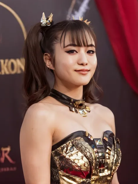 a beautiful picture of moakXL, detailed skin texture,masterpiece, photorealistic, woman, 4k, backlighting, light, RAW color photo,(fully in frame:1.1), (blush:0.5), (goosebumps:0.5),pigtails, <lora:moakXL:1> wearing a (golden strapless dress:1.3),red carpe...