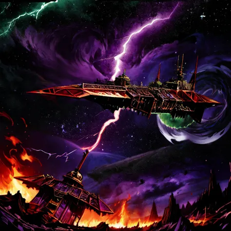 chaoswarfleet, in space, (purple), battle, exposions, fire, motion_blur, maelstrom, storm, green glow, lightning, no humans, pulp_comic, heavy_lines, hand_drawn, hand_inked, hand_colored,