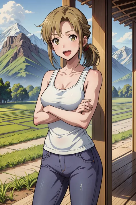 masterpiece,best quality,1girl,originsmom, <lora:OriginsMom:0.8>,ponytail,crossed arms,hazel eyes,tank top,jeans,standing,on porch,rice fields,mountains,happy,:d,  <lora:add_detail:0.8>