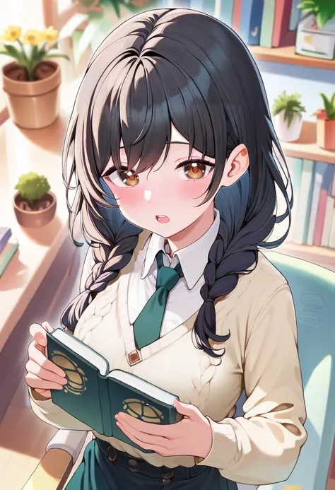 score_9,score_8_up,score_7_up,<lora:PDFA_Style5118164398:1>,1girl,solo,looking at viewer,blurry,:o,black hair,blonde hair,blurry background,blush,book,braid,brown eyes,buttons,collared shirt,depth of field,dress shirt,flower,from above,holding,holding book...