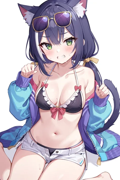 1girl, solo, animal ears, karyl (summer) (princess connect!), karyl (princess connect!), tail, cat girl, black hair, cat tail, cat ears, long hair, streaked hair, animal ear fluff, clenched teeth, multicolored hair, green eyes, swimsuit, eyewear on head, s...