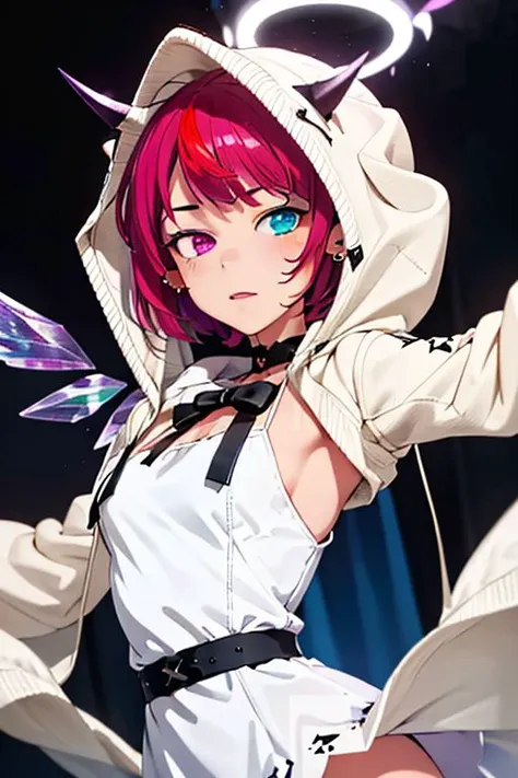 (masterpiece, best quality:1.2), hope_celebrate, heterochromia, purple eyes, blue eyes, double halo, detach wing, horn, purple short hair, white hoodie, white dress, black ribbon, earing, pointy ear,