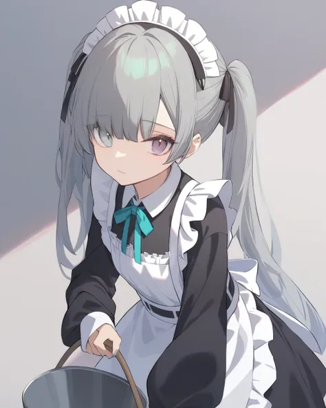 <lora:style_n:1>,1girl, solo, maid_headdress, twintails, long_hair, looking_at_viewer, heterochromia, maid_apron, long_sleeves, holding_bucket, grey_eyes, grey_hair, bangs