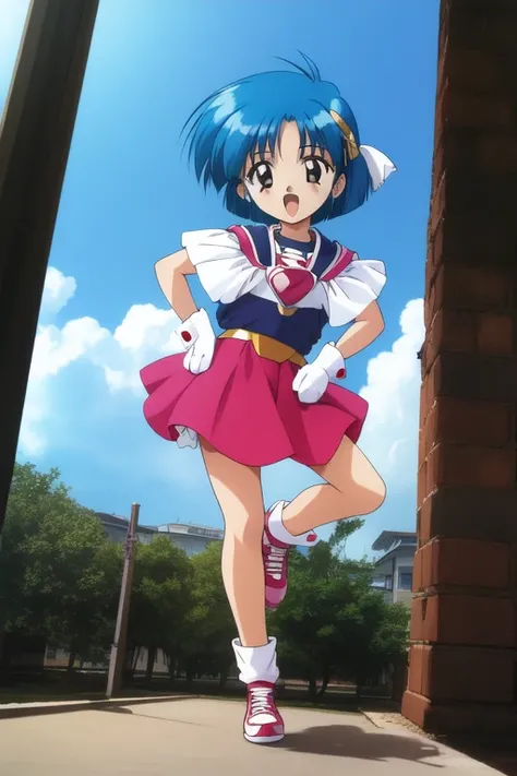 <lora:Sawady:0.8>, Sawady, 1girl, solo, short hair, blue hair, gloves, skirt, 1990s (style), retro artstyle, full body, brown eyes, open mouth, smile,  shoes, hand on hip, looking at viewer, outdoor, sky,
child, 
masterpiece, high quality, very_high_resolu...