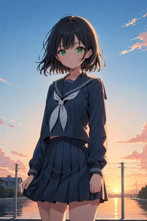 1girl, solo, masterpiece, best quality, outdoors, black hair, blue sky, closed mouth, green eyes, long sleeves, looking at viewer, medium hair, school uniform, serafuku, sky, standing, sunset, wide shot