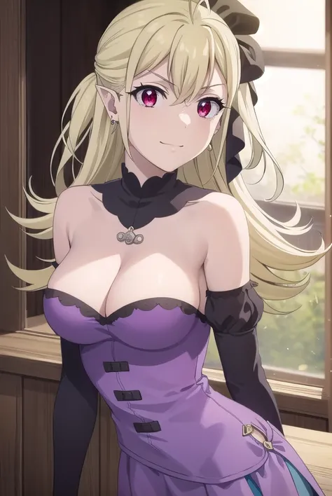 carmillavanstein, <lora:carmilla vanstein s1-lora-nochekaiser:1>,
carmilla vanstein, long hair, blonde hair, (red eyes:1.3), hair between eyes, ahoge, hair bow, pointy ears, smile, smug,
BREAK dress, cleavage, bare shoulders, jewelry, earrings, detached sl...