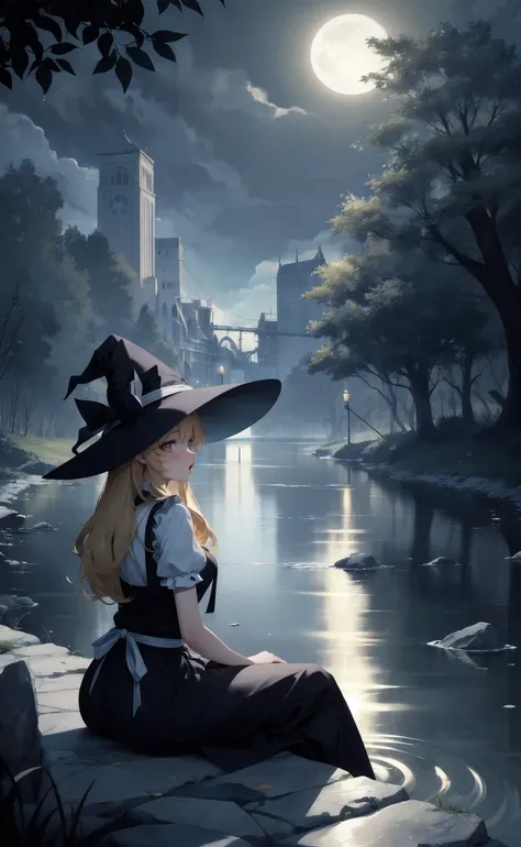 dark-background night ripples (river:1.2) stones scenery trees BREAK
(limited-palette:1.1) vibrant-colors kirisame-marisa witch-hat dark-energy blonde-hair yellow-eyes black-dress waist-apron messy-hair glowing-eyes dark-backround (far-away:1.45) sitting l...