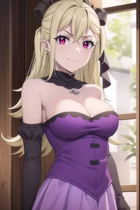 carmillavanstein, <lora:carmilla vanstein s1-lora-nochekaiser:1>,
carmilla vanstein, long hair, blonde hair, (red eyes:1.3), hair between eyes, ahoge, hair bow, pointy ears, smile, smug,
BREAK dress, cleavage, bare shoulders, jewelry, earrings, detached sl...