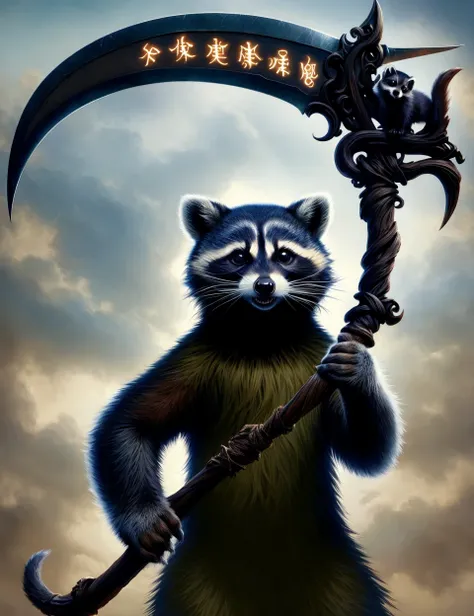 raccoon holding a DonM5cy7h3 scythe, single blade,<lora:DonM5cy7h3-000006:0.8>