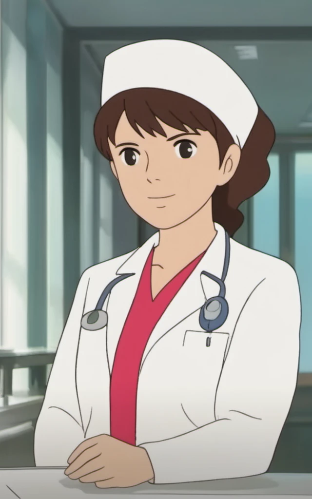 a nurse, wearing a nurse hat, detailed hospital background behind her, in shs style, vivid colors, high quality, (very detailed:1.2)