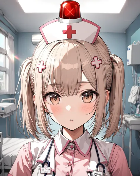 1 girl,(master piece, ultra detailed,8K,16K),glare at viewer,<lora:SDXL_patlamp_on_head_v1.2-000011:0.9> patlamp,nurse costume,hospital,