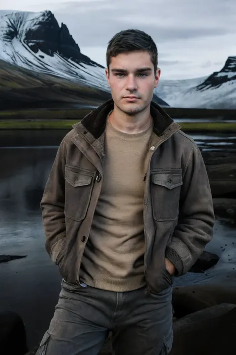 photo of sc_tanner <lora:sc_tanner_prodigy-06:1>, wearing a rugged waxed canvas jacket, Icelandic sweater, slim fit technical pants, Corey Arnold style, rugged, surreal, vivid detail, emotional resonance, natural light, immersive quality, relaxed contempla...