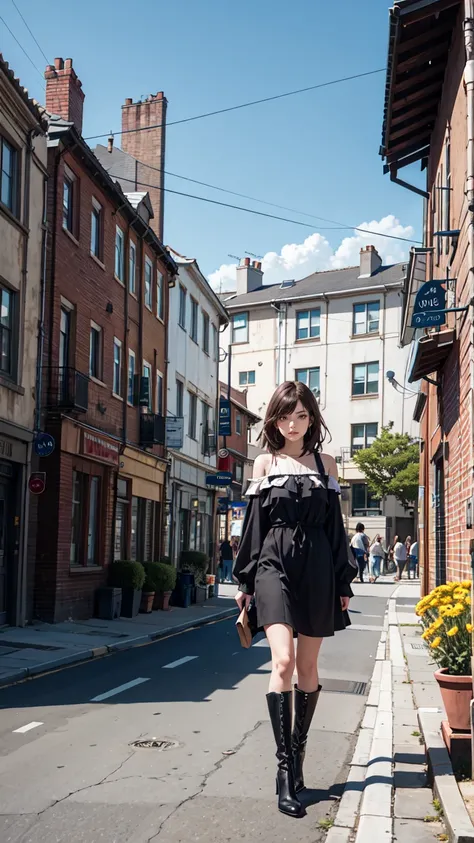 ,(face illuminated), (light face), light,1girl, brown hair, dress, long hair, outdoors, brown eyes, day, looking at viewer, hair ornament, high heels, hair flower, flower, solo, high heel boots, boots, white footwear, building, black dress, sky, full body,...