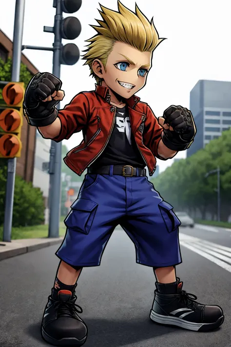 dissidia, 1boy, solo, blonde hair, male focus, blue eyes, gloves, fingerless gloves, smile, full body, red jacket, (black sleeves), (blue cargo shorts),blue shorts, grin, shoes, spiked hair, belt, clenched hands, sneakers, vest, pants, black gloves, lookin...