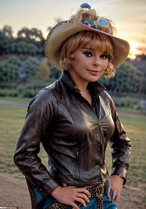 elke_sommer wearing a cowboy outfit at sunset, cowboy hat, leather cowboy vest, cowboy jacket, (brown cowboy shirt:1.2), leather cowboy pants, colorful Mexican poncho, smiling, epic shot, Portrait photography by Art Germ, realism style, Natural light, Femi...