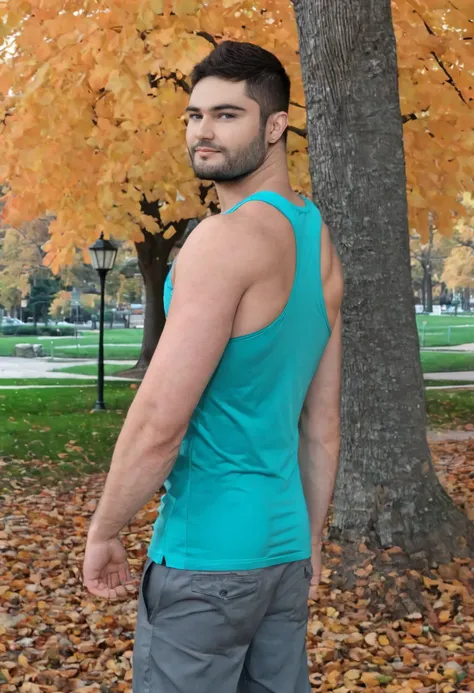 from behind, looking back, photo of beard sc_tanner wearing a fitted teal tank top and tight khakis, <lora:sc_tanner_xl-16:1>, autumn, standing in a city park, relaxed welcoming expression