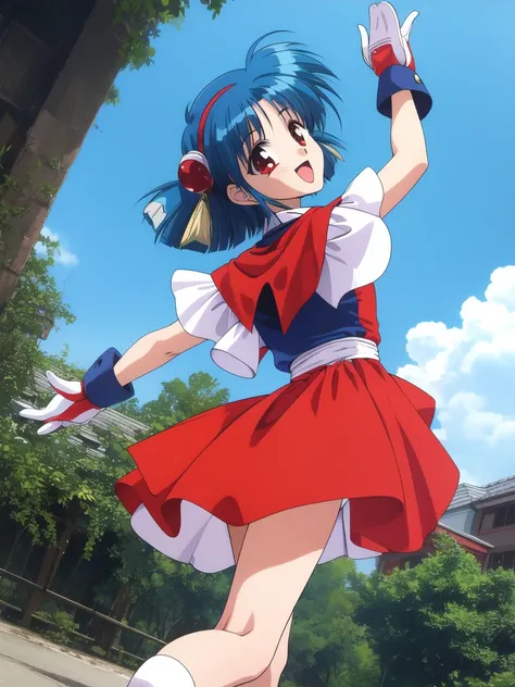 <lora:Sawady:0.8>, Sawady, 1girl, solo, blue hair, gloves, red eyes, spread arms, 1990s (style), short hair, retro artstyle, outstretched arms, skirt, open mouth, smile, red skirt, looking at viewer, looking back, hair ornament, shoes, hairband,  sky, outd...