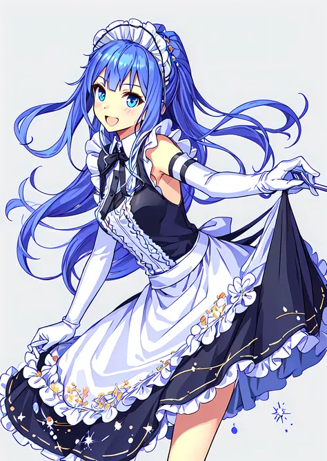 introduce myself,<lora:Priscilla:0.8>,Priscilla,1girl,super fine illustration,masterpiece,best quality,simple_background,;d,maid headdress,maid,gloves,apron,white gloves,elbow gloves,high heels,