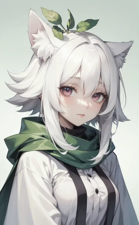 a fluffy anime girl, large animal ears, white hair, blonde hair, [orange|yellow] eyes, animal ear fluff, sprout seedling on head, leaf, smile, happy, upper_teeth, laughter, gradient eyes, original character portrait, game icon, simple background, (light gr...