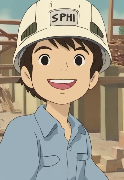 A happy boy in (shs:1.1) style, wearing a helmet, sitting in the construction site.