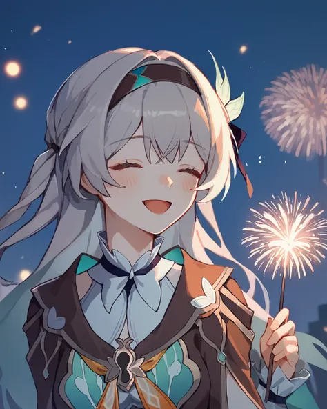 score_9, score_8_up, score_7_up ,<lora:firefly_pony:1>,firefly (honkai: star rail), 1girl, solo, long_hair, closed_eyes, smile, hairband, open_mouth, fireworks, hair_ornament, sparkler, blush, jacket, long_sleeves, bangs, dress, hair_flower, facing_viewer