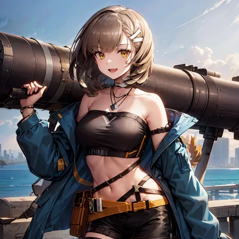 (firewhistle (arknights), fwcannon), weapon, huge weapon, 1girl, solo, jacket, short hair, looking at viewer, bare shoulders, open clothes, smile, necklace, open mouth, open jacket, hair ornament, bangs, medium breasts, crop top, off shoulder, tube top, ha...