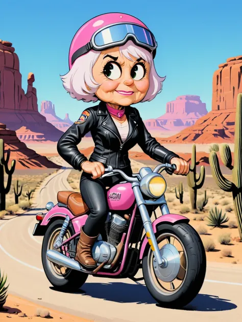 an old lady biker <lora:A_RubberHose_Character_v2_XL:1.3> rubber_hose_character, pink helmet, white hair, leather jacket, desert road
<lora:xl_more_art-full_v1:0.35>