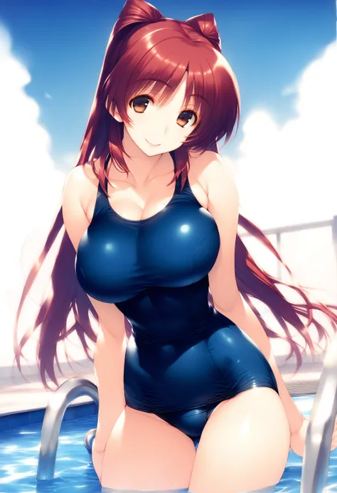 1girl, cowboy shot,  large breasts, (pool:1.4), (sky:1.2), smile,
kousaka_tamaki, brown eyes, red hair, long hair, school swimsuit, blue swimsuit, <lora:kousaka_tamaki_pony_ver1:0.7>, score_9, score_8_up, score_7_up, BREAK source_anime, rating_explicit, be...