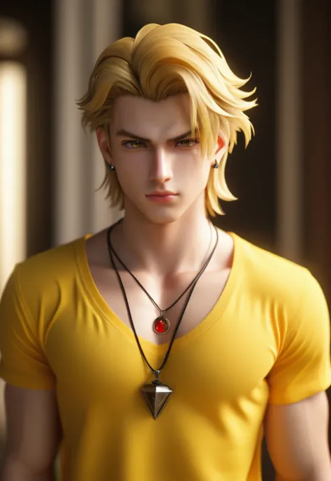 i want the whole image to be created in 3D anime style, solo, looking at viewer, blonde hair, shirt, 1boy, jewelry, collarbone, upper body, male focus, earrings, collared shirt, necklace, blurry, lips, depth of field, pectorals, portrait, pendant, yellow s...