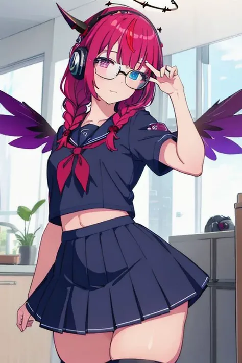 (masterpiece, best quality:1.2), 1girl, hope_seifuku, dynamic pose, heterochromia, purple eyes, blue eyes, double halo, unattached wings, horn,  purple twin braid hair, black seifuku, glasses, headphone,