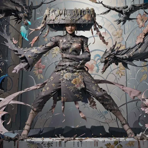 <lora:McQueen_Flower_Dress_SD15:1> a woman  wearing a mcq_fl0w3r dress with a floral design and a hat (big breasts:1), slim waist,  <lora:wuxia2:0.5> wuxia, fan weapon, holding sword by hilt, sword, dragon, dynamic angle, dynamic pose, action shot (visible...