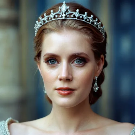 (Skin texture),High qualitycloseup face portrait photo, analog, film grain, actress dressed as a stunningly beautiful young medieval queen with a delicate diamond tiara,regal,   <lora:amadams_xl_1_standard_merger_35_63_03_07:1>