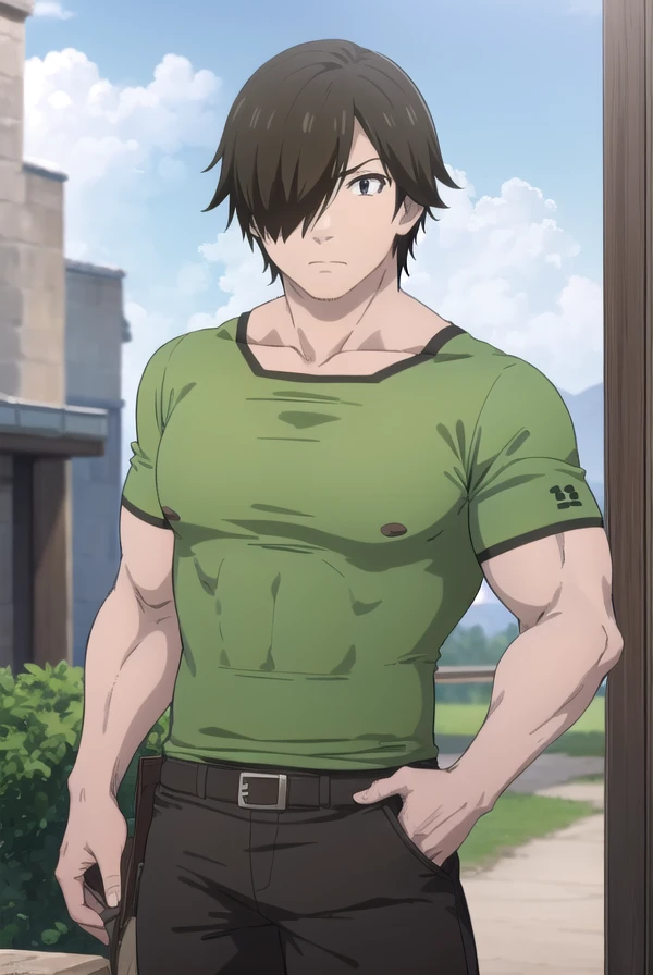 shibatagenzou, <lora:shibata genzou s1-lora-nochekaiser:1>,
shibata genzou, short hair, black hair, male focus, (hair over one eye:1.5), muscular, (black eyes:1.5),
BREAK shirt, pants, green shirt,
BREAK outdoors, forest,
BREAK looking at viewer, (cowboy s...