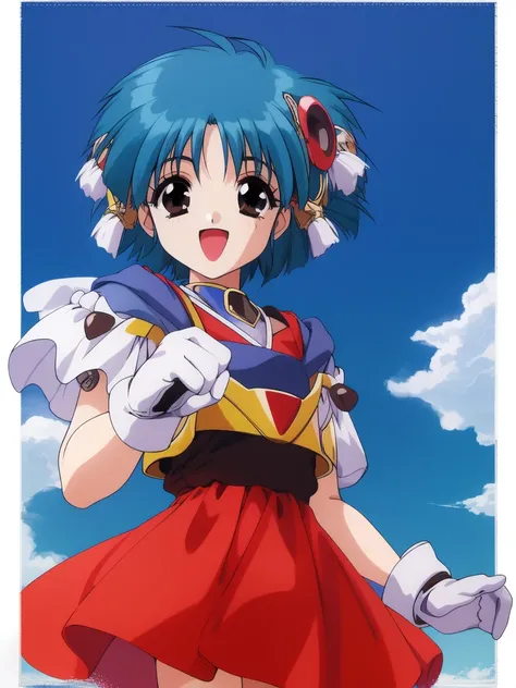 <lora:Sawady:0.8>, Sawady, 1girl, solo, short hair, hair ornament,, blue hair, gloves, skirt, 1990s (style), brown eyes, open mouth, smile,   looking at viewer, outdoor, sky, cowboy Shot,
masterpiece, high quality, very_high_resolution, large_filesize, ful...