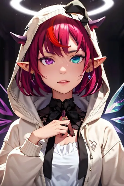 (masterpiece, best quality:1.2), hope_celebrate, heterochromia, purple eyes, blue eyes, double halo, detach wing, horn, purple short hair, white hoodie, white dress, black ribbon, earing, pointy ear,